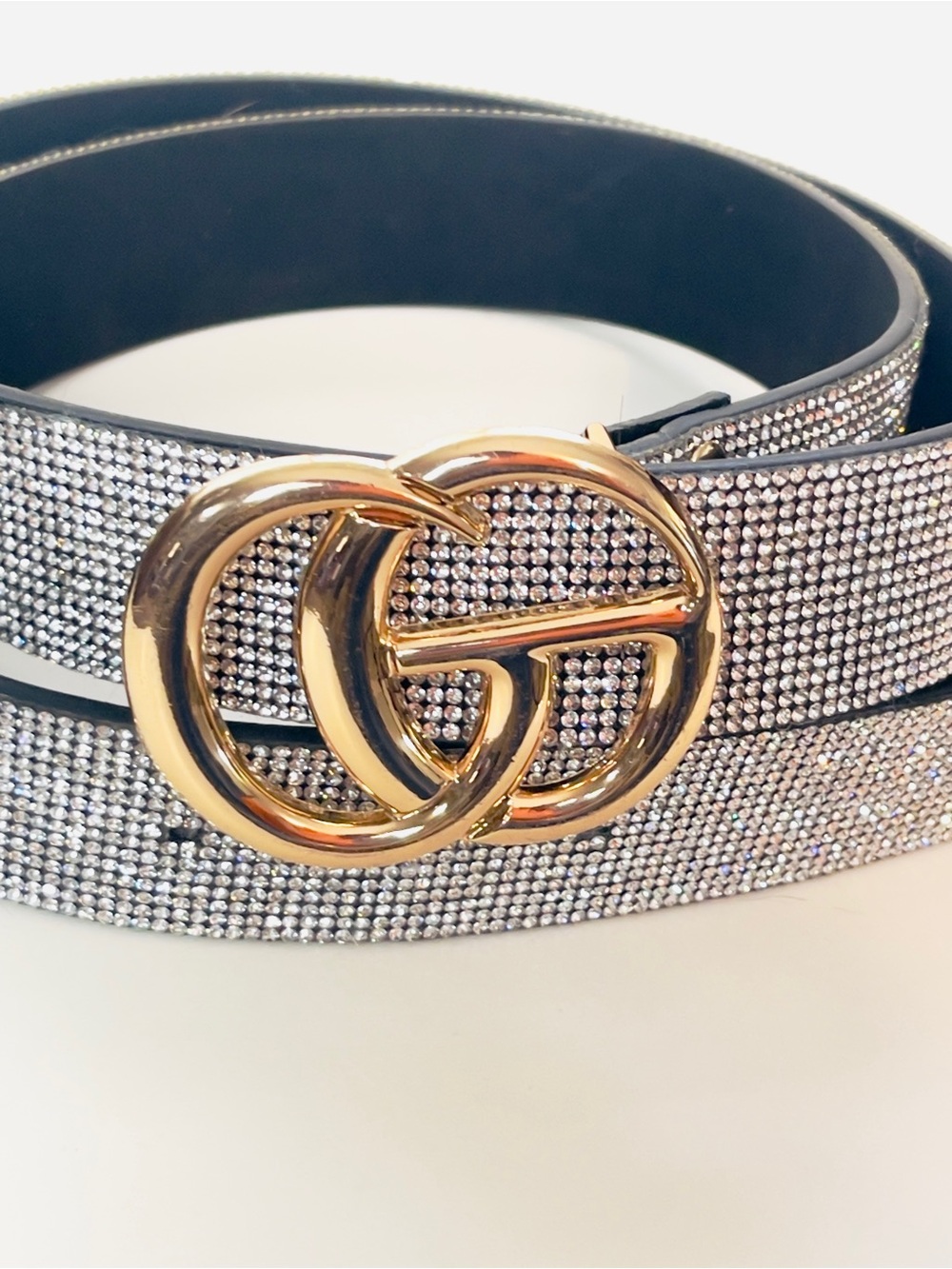 Belt Silver Crystal Rhinestone Belt Gold Buckle 43” waist 31”-39”